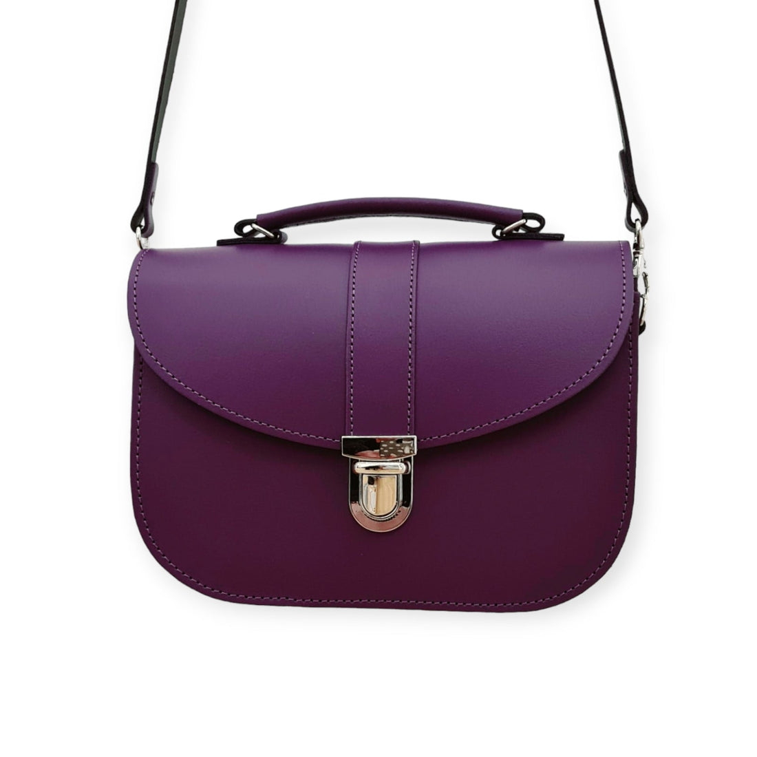 Purple leather crossbody bag with flap closure and adjustable shoulder strap