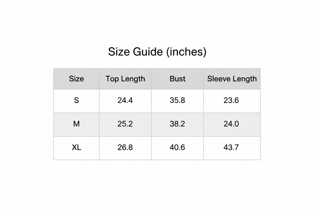 Size guide table with top length, bust, and sleeve length measurements in inches