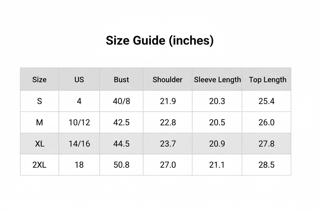 Sweatshirt size guide chart with bust, shoulder, sleeve length, and top length