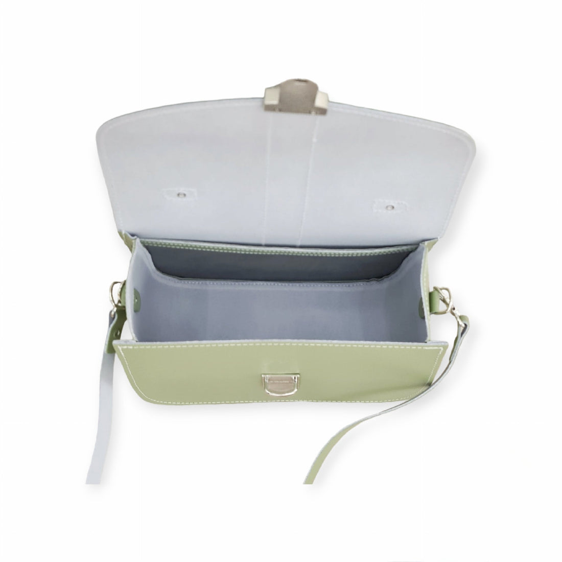 Open sage green flap bag showing lined interior and hanging strap