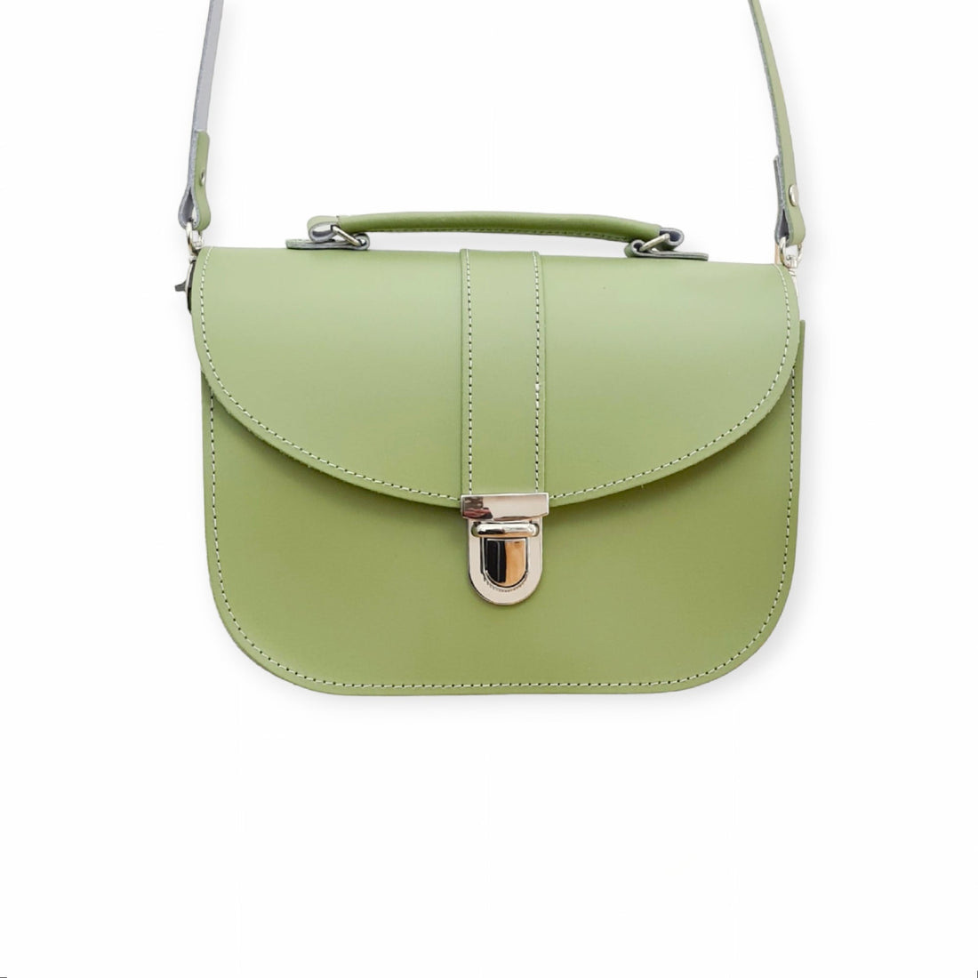Sage green leather crossbody bag with top handle, flap, and metal clasp