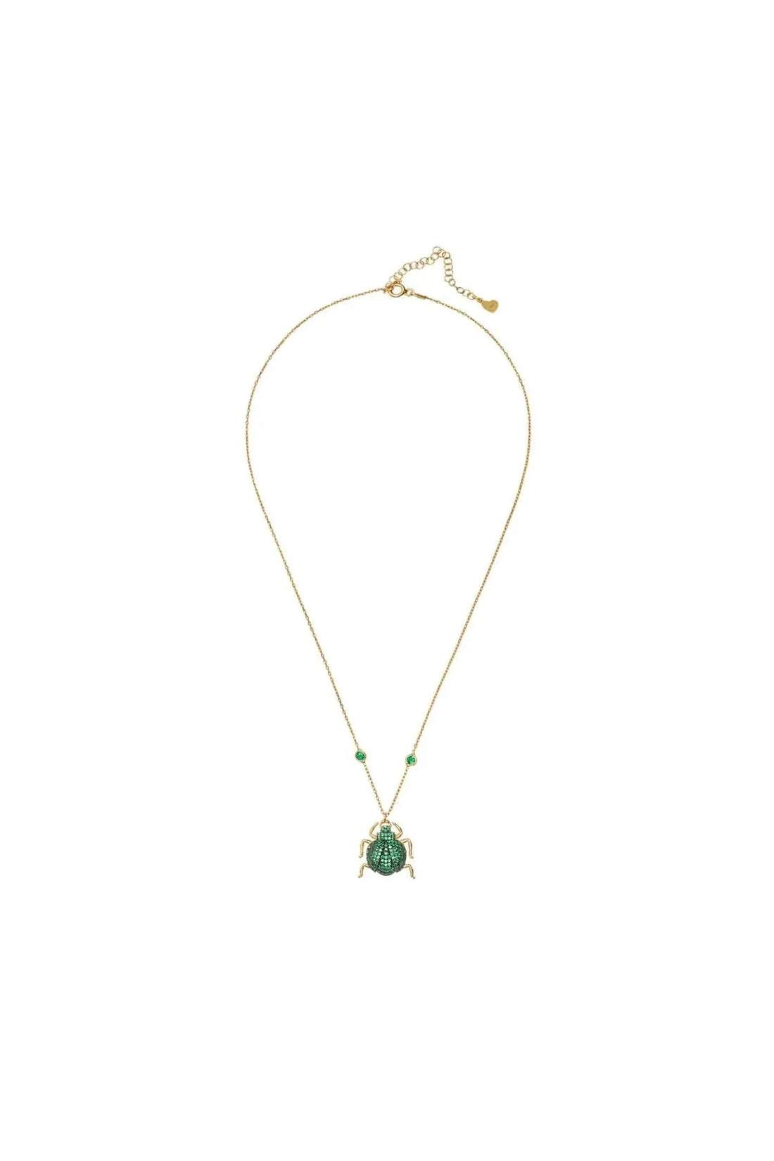 Gold-tone necklace with green scarab pendant and small bead accents