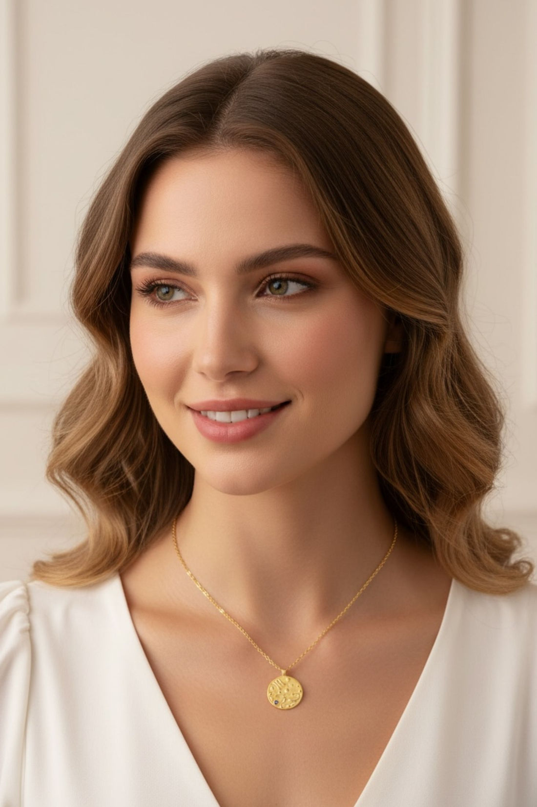 Gold zodiac talisman necklace worn on model, round pendant with blue birthstone