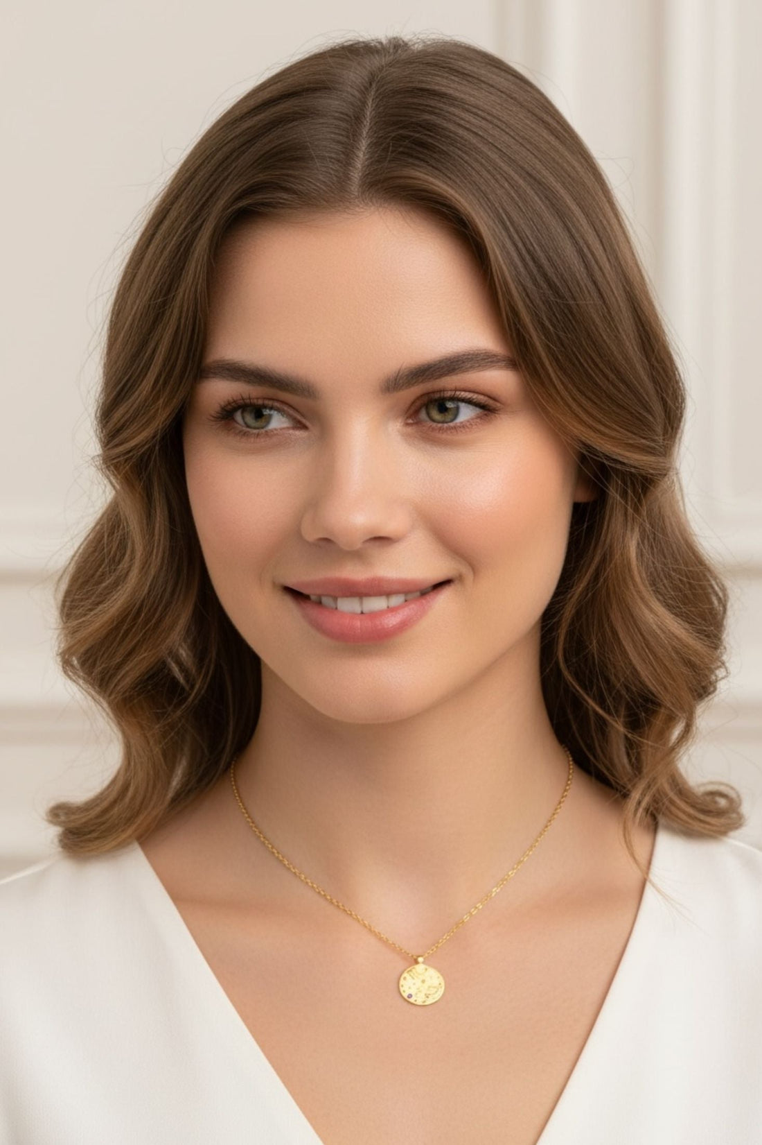 Gold zodiac talisman necklace worn on model, round pendant with blue birthstone