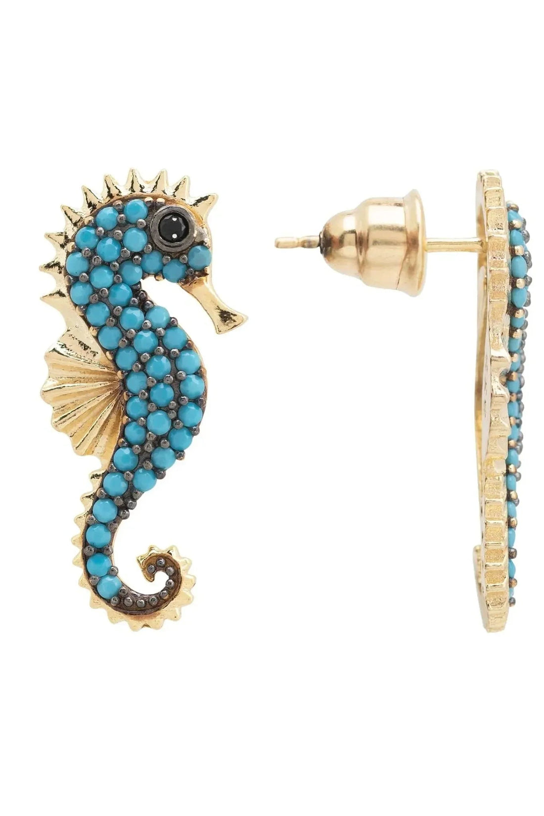 Gold-tone seahorse earrings with turquoise bead trim and secure back post