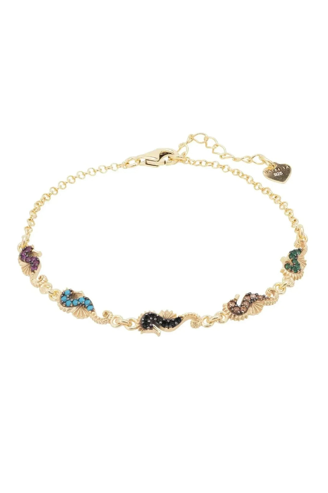 Gold seahorse charm bracelet with multicolor enamel links on a fine chain