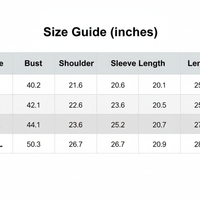 Size guide table in inches showing bust, shoulder, sleeve length, and garment length