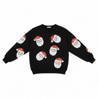 Black crewneck sweatshirt with sequin Santa patch faces