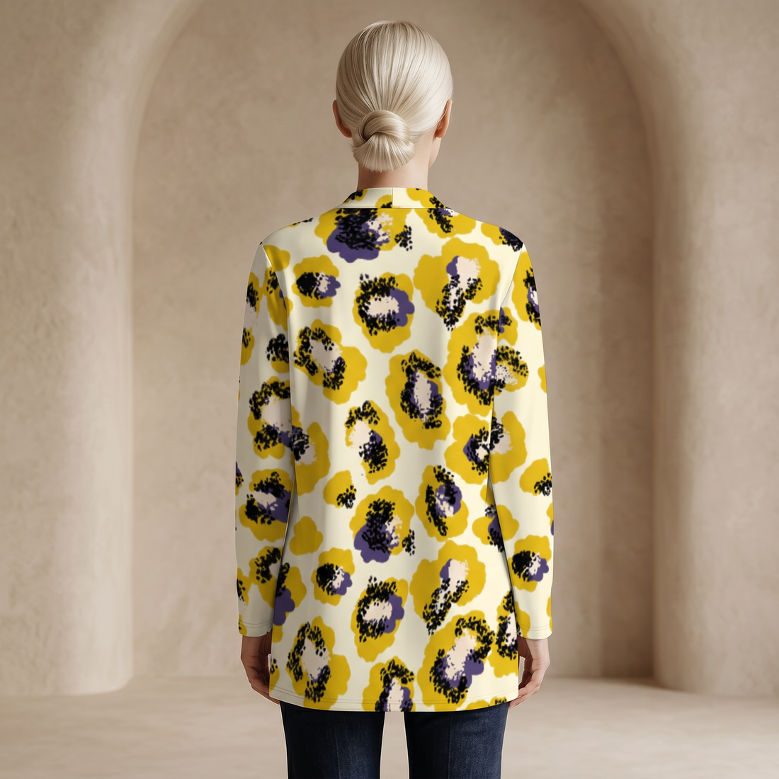 Yellow Leopard Print Open-Front Cardigan with Pockets