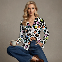 Leopard Print Cardigan Womens White Multi Color Lightweight V Neck Sweater