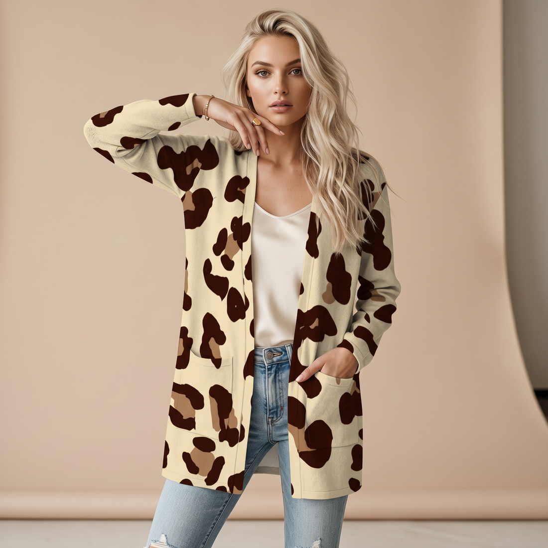 Beige Leopard Print Open-Front Cardigan with Pockets