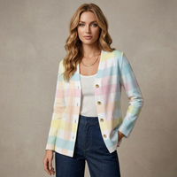 Women's V Neck Lightweight Cardigan in Pastel Gingham