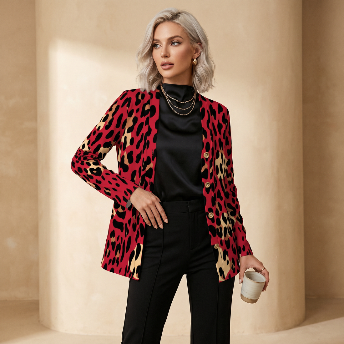 Red Leopard Print Buttoned Cardigan