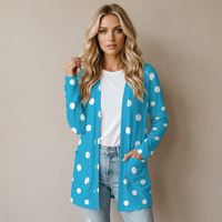 Blue and white polka dot long-sleeve cardigan worn open over a top