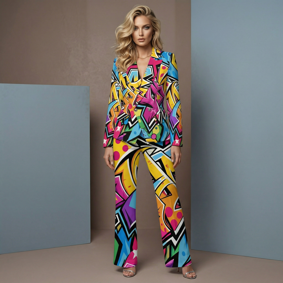 Graffiti Print High Waist Flared Pants Artistic Urban Style Trousers