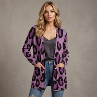 Purple Leopard Print Open-Front Cardigan with Pockets