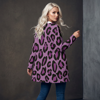 Purple Leopard Print Open-Front Cardigan with Pockets