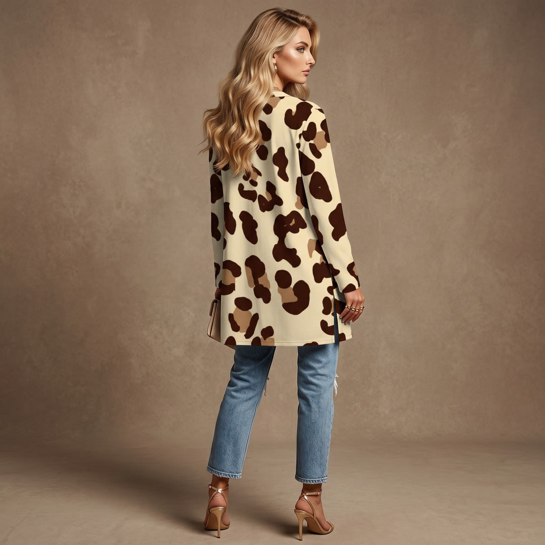 Beige Leopard Print Open-Front Cardigan with Pockets