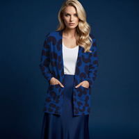 Blue Leopard Print Open-Front Cardigan with Pockets