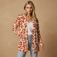 Orange Leopard Print Open-Front Cardigan with Pockets