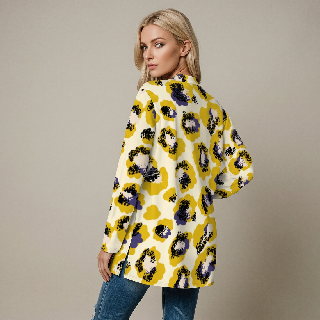Yellow Leopard Print Open-Front Cardigan with Pockets