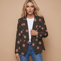 Women’s polka dot blazer on model, dark brown with pink spots, open notched lapels
