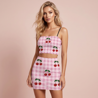 Pink and White Gingham with Cherries Co Ord Set - Women's Crop Tank Top & Mini Skirt Two-Piece