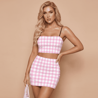 Baby Pink and White Gingham Co Ord Set - Women's Crop Tank Top & Mini Skirt Two-Piece