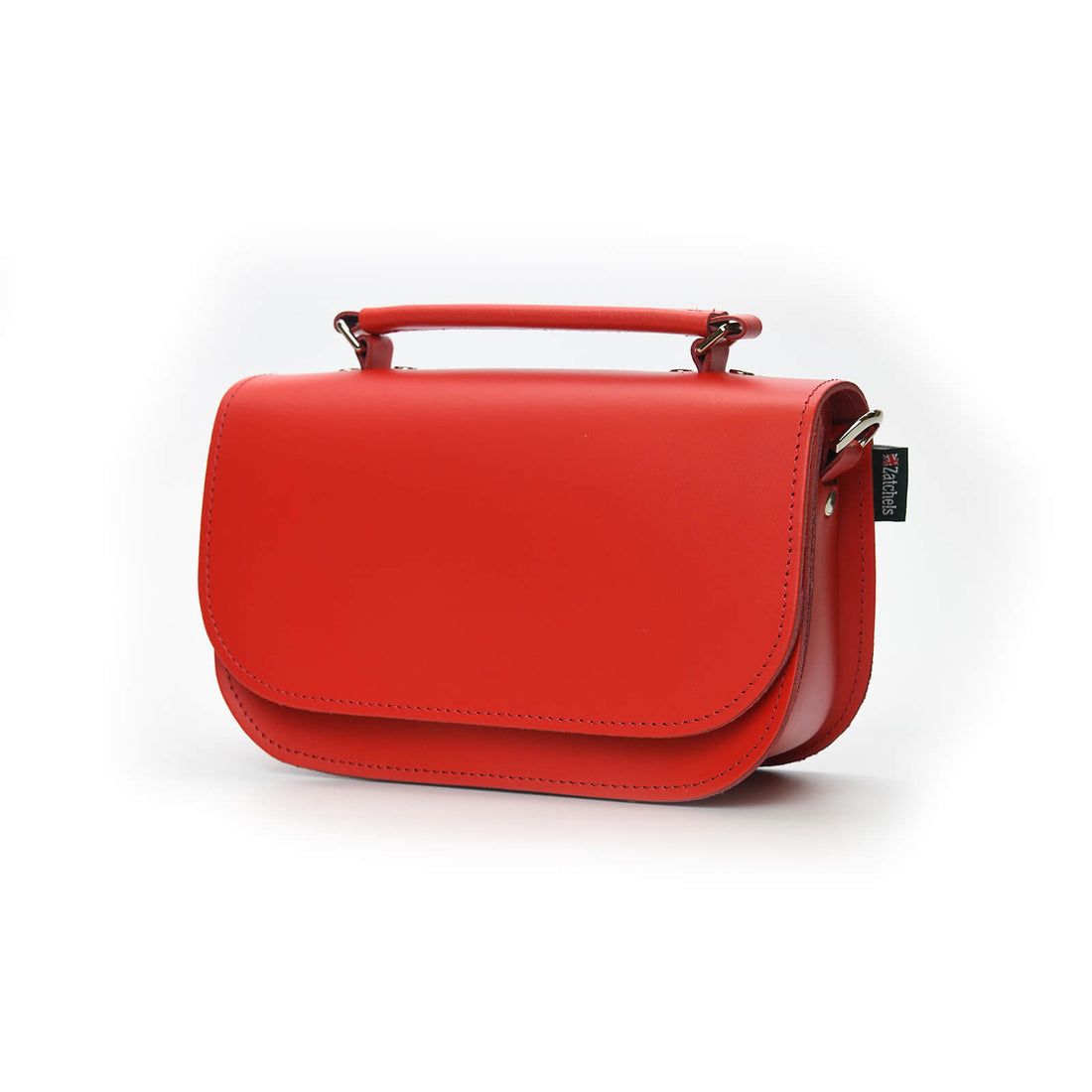 Red leather flap crossbody bag with short handles and side strap