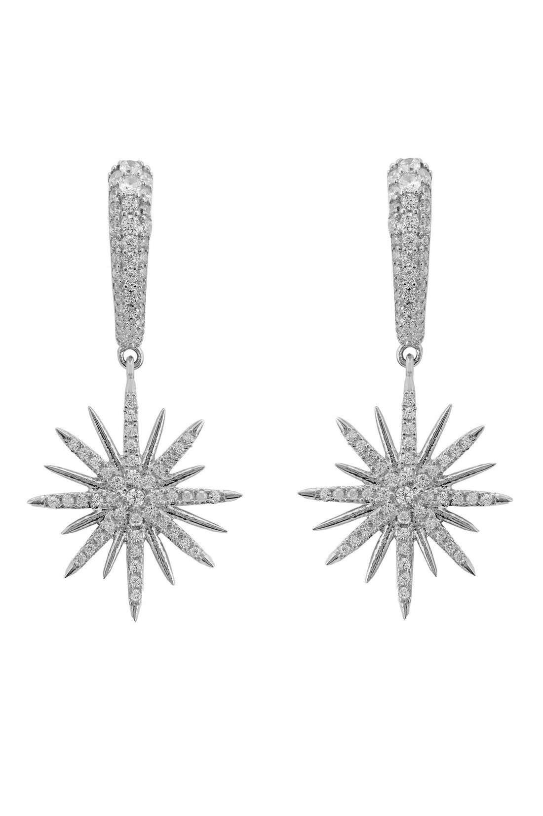 Silver starburst drop earrings with textured hoops and dangling sunburst charms