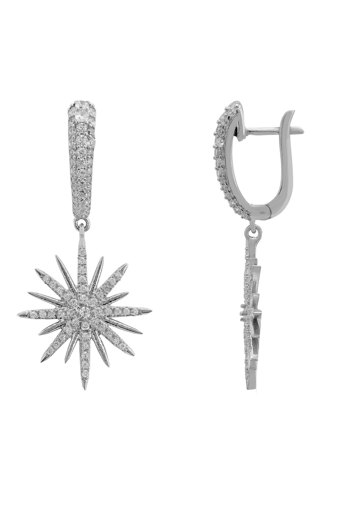Silver starburst drop earrings, front view with textured bar and sunburst charm