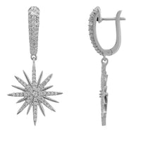 Silver starburst drop earrings, front view with textured bar and sunburst charm