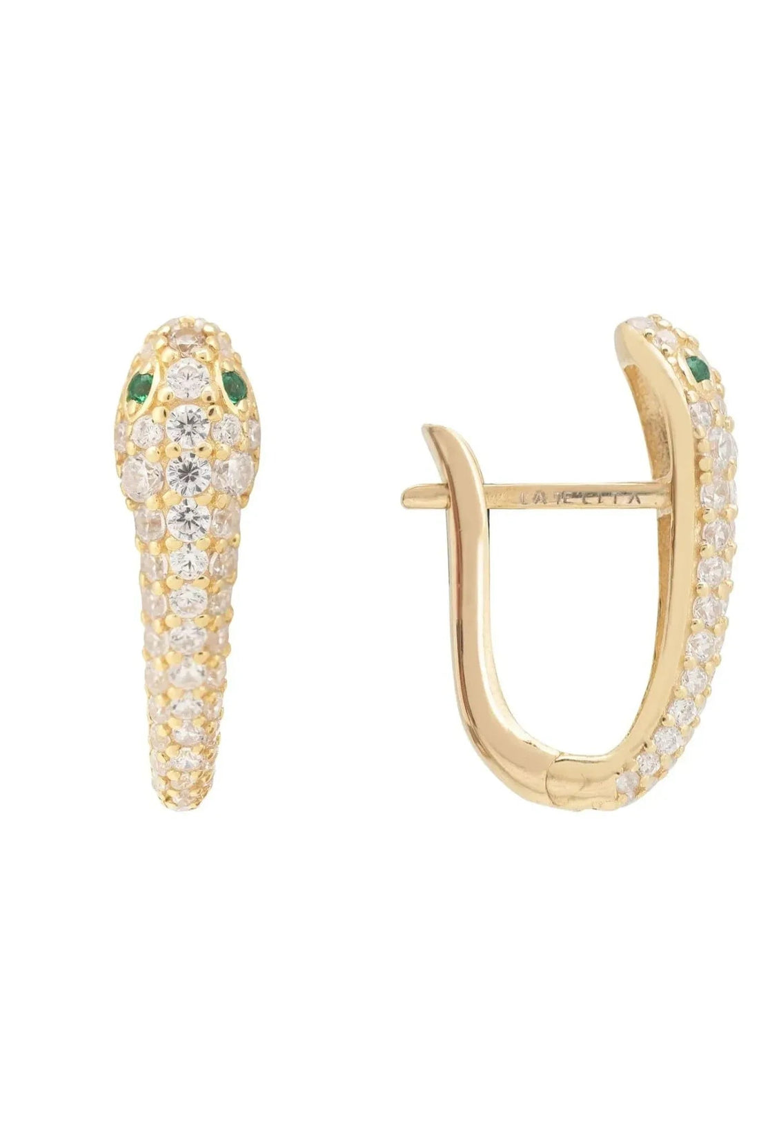 Gold snake huggie hoop earrings with white and green stones