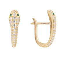 Gold snake huggie hoop earrings with white and green stones