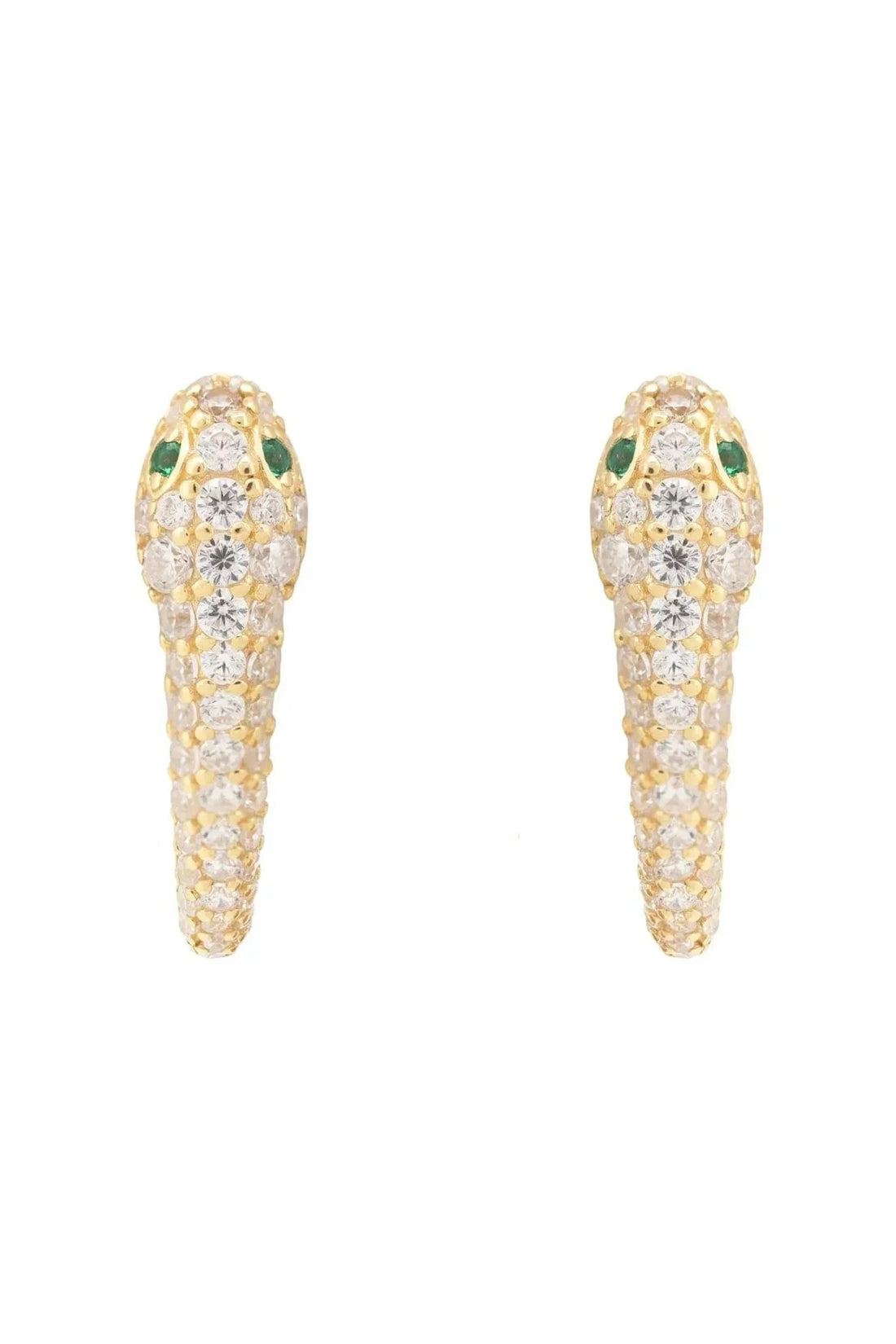 Gold snake huggie hoop earrings with green center stones and white crystal rows