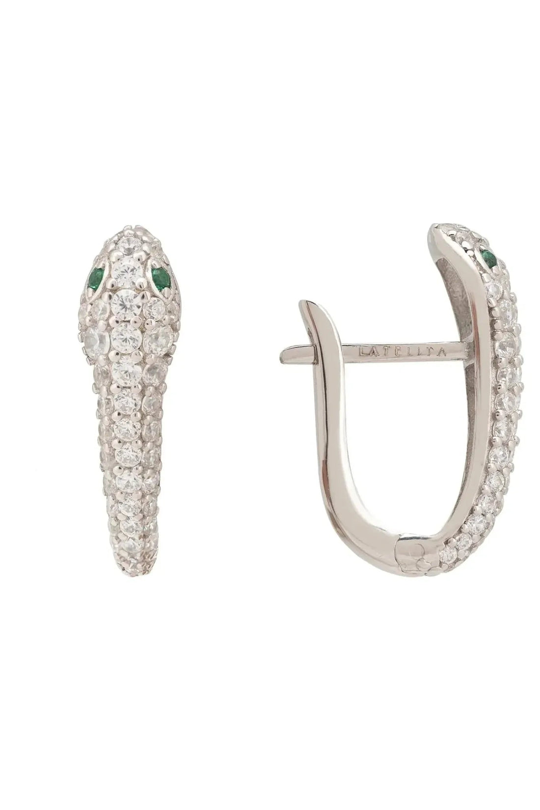 Silver huggie hoop earrings with pave snake design and green enamel accents