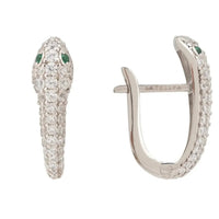 Silver huggie hoop earrings with pave snake design and green enamel accents