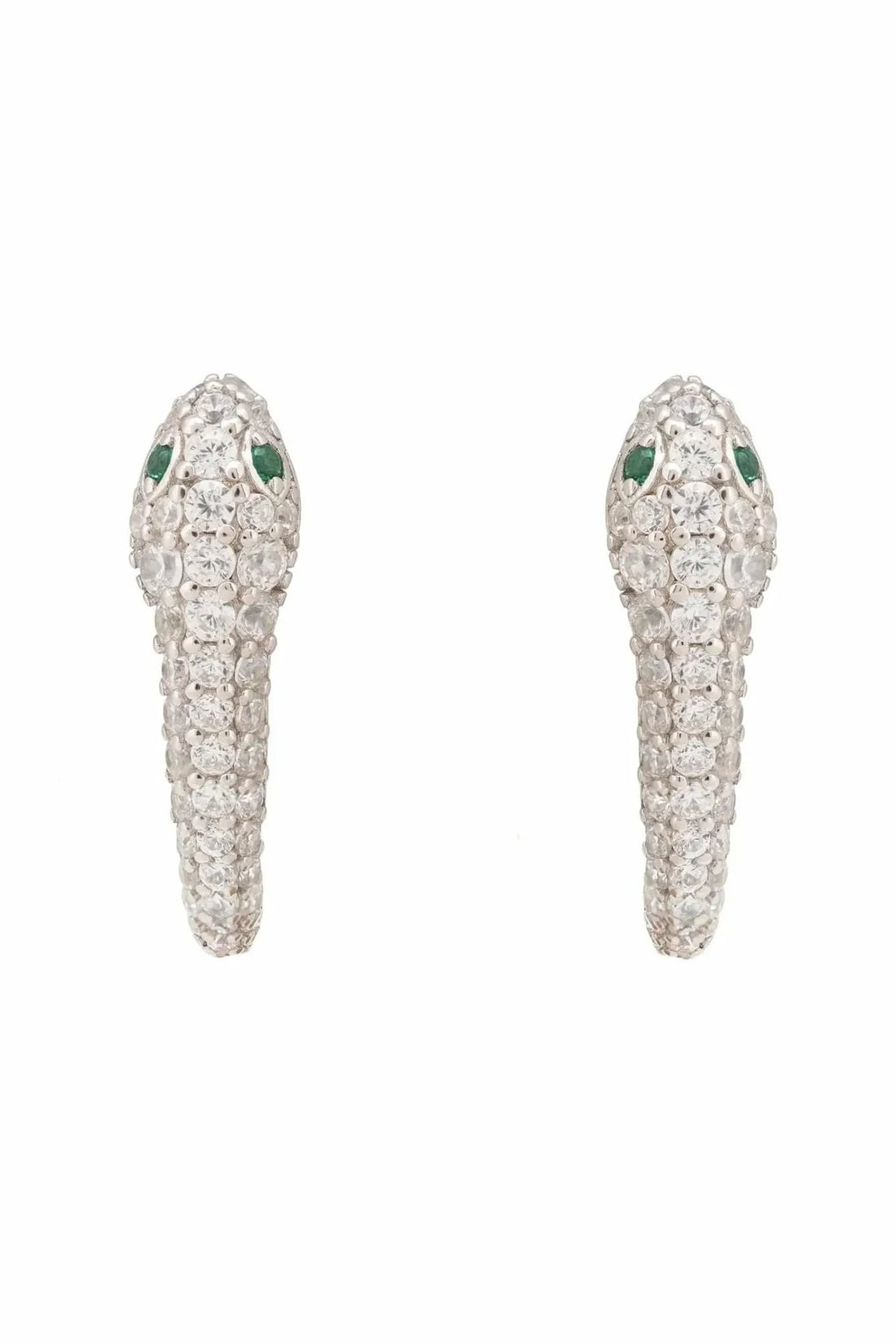 Pair of silver huggie snake hoop earrings with green enamel tops and pave stones