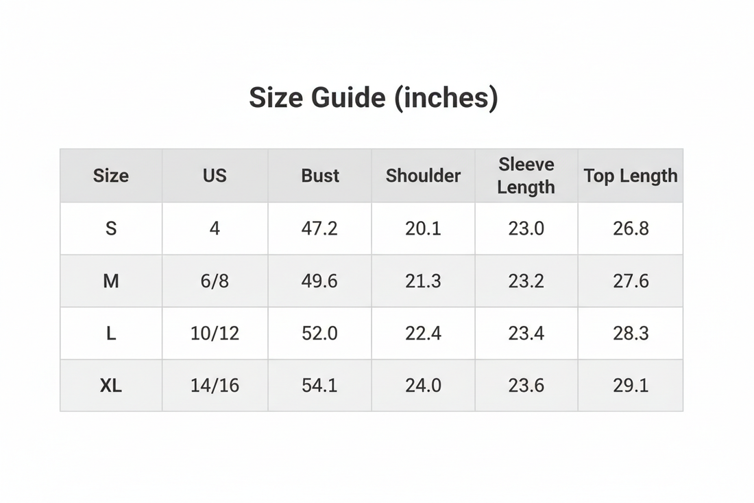 Size guide table in inches with bust, shoulder, sleeve length, and top length