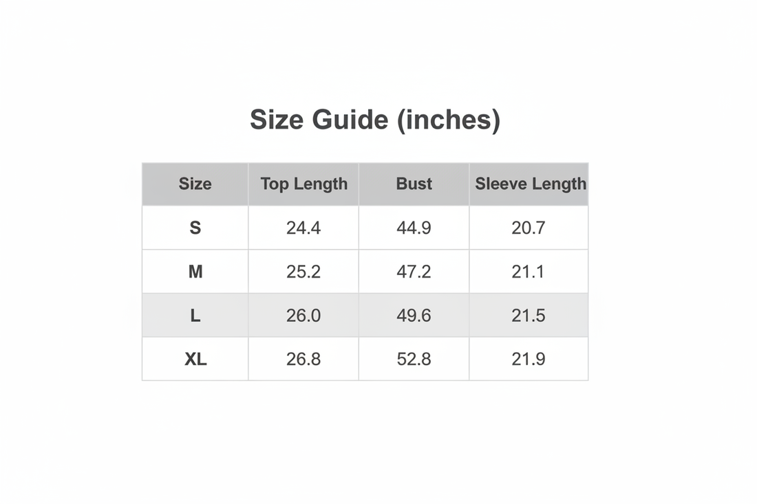 Size guide chart with measurements for women’s waffle knit pullover sweatshirt
