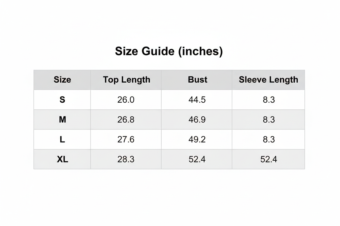 Size guide chart showing sweatshirt measurements for S to XL: length, bust, sleeve