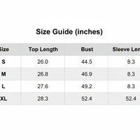 Size guide chart showing sweatshirt measurements for S to XL: length, bust, sleeve