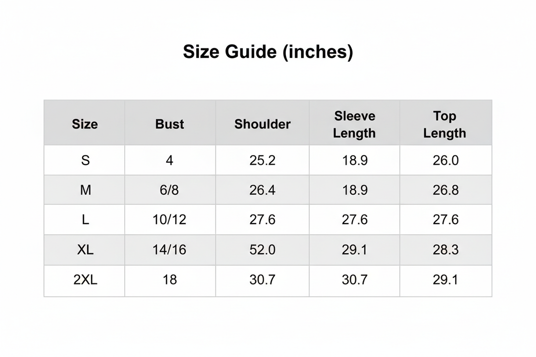 Size guide table showing bust, shoulder, sleeve length, and top length (inches)