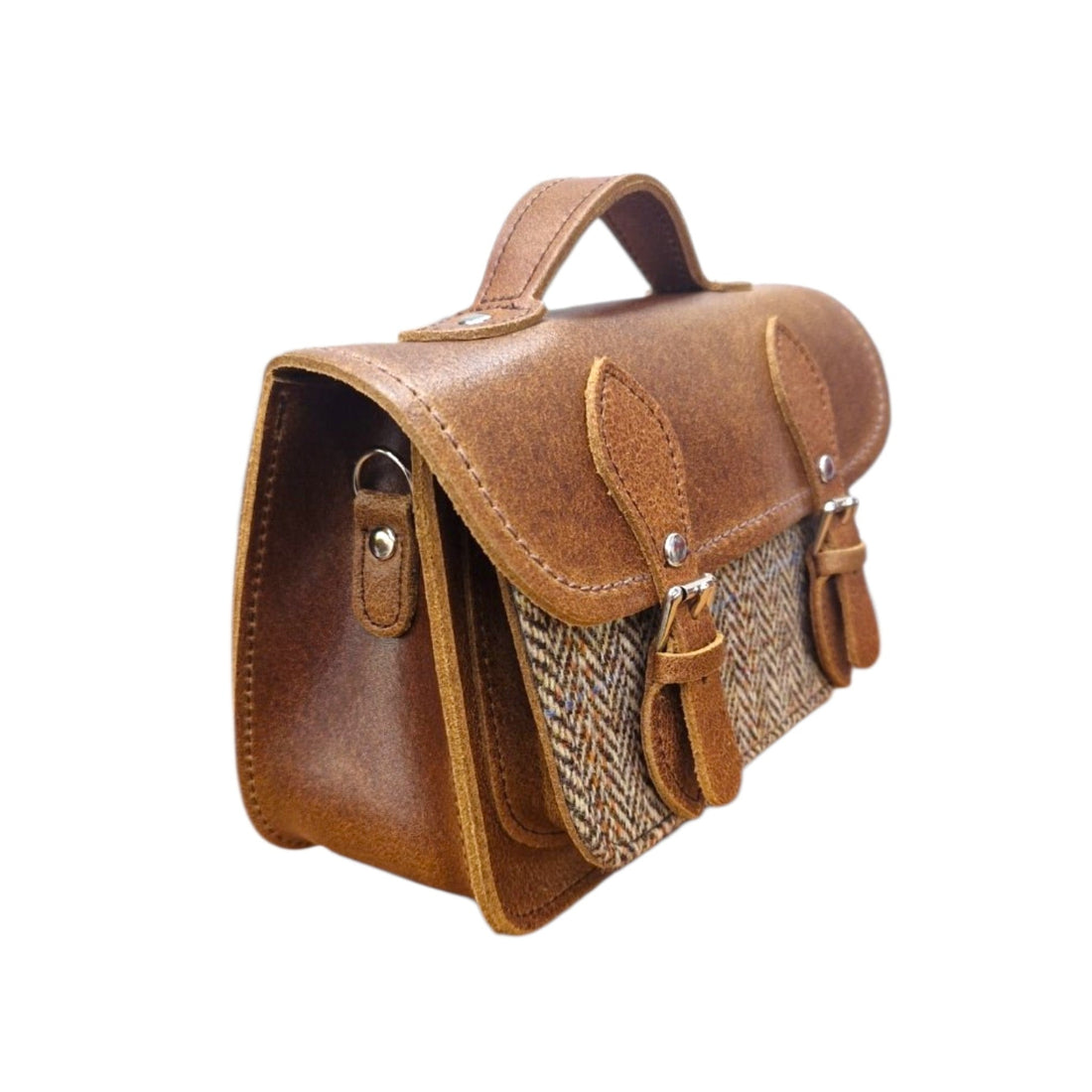 Tan leather and tweed micro satchel with side buckle strap detail and curved handle