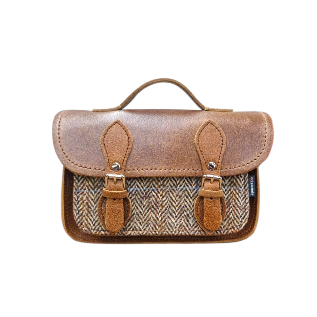 Tan leather and tweed micro crossbody satchel with flap, buckles, and top handle