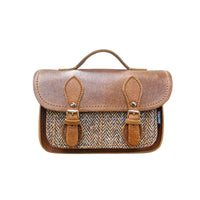 Tan leather and tweed micro crossbody satchel with flap, buckles, and top handle