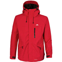 Red men's waterproof hooded jacket with a chest zip pocket and two lower pockets.