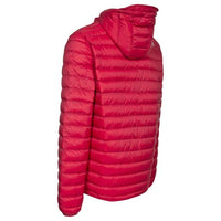 Men's red down jacket showing the quilted back and attached hood