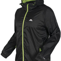 Men's black waterproof packaway jacket with lime hood lining and trim
