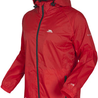 Men's red waterproof packaway jacket with a hood and dark zipper